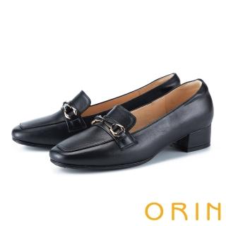 【ORIN】手工縫線牛皮飾釦中跟樂福鞋(黑色)