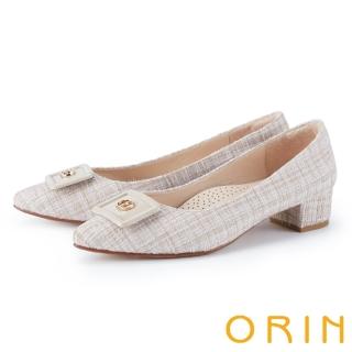 【ORIN】氣質小香風毛呢方釦低跟鞋(米色)