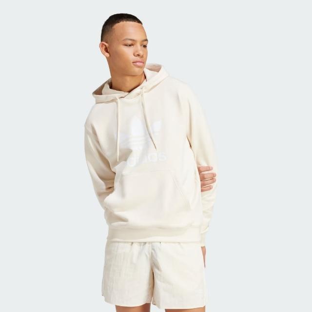 【adidas 愛迪達】上衣 男款 長袖上衣 帽T 運動 國際碼 三葉草 TREFOIL HOODY 米白 IM9408