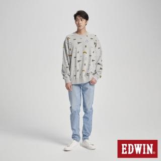 【EDWIN】男裝 BLUE TRIP 滿版印花寬版厚長袖T恤(銀灰色)