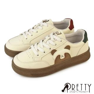 【Pretty】女鞋 休閒鞋 板鞋 平底 綁帶 復古運動風 皮革(卡其、黑色)