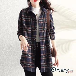 【ONEY 歐妮】★氣質經典格紋長版襯衫上衣罩衫(秋冬/長袖襯衫/格紋襯衫/長版修身)