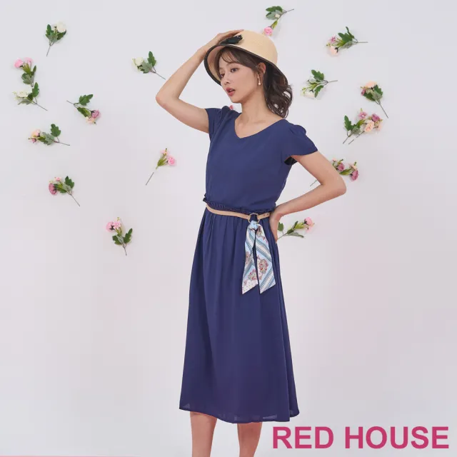 【RED HOUSE 蕾赫斯】素面V領抽褶洋裝-不含腰帶(藍色)