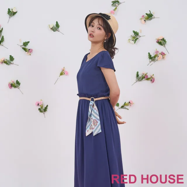 【RED HOUSE 蕾赫斯】素面V領抽褶洋裝-不含腰帶(藍色)