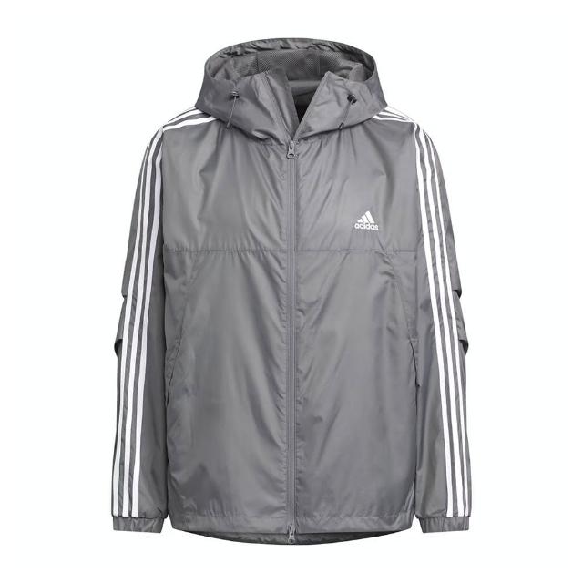 【adidas 愛迪達】ES+ 3S WV JKT 男 連帽 外套 風衣 運動 訓練 寬鬆 輕便 愛迪達 灰白(JF3955)