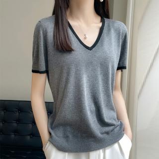 【Very Buy 非常勸敗】預購/夏簡約氣質V領短袖女夏季薄款針織衫T恤竹炭纖維冰絲背心