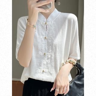 【Very Buy 非常勸敗】預購/新中式拼接蕾絲盤釦立領國風上衣女夏設計感復古旗袍正肩短袖T恤