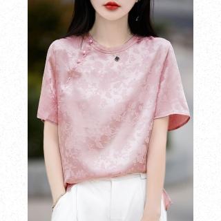 【Very Buy 非常勸敗】預購/新中式國風盤釦圓領提花緞面短袖女夏季復古唐裝上衣女