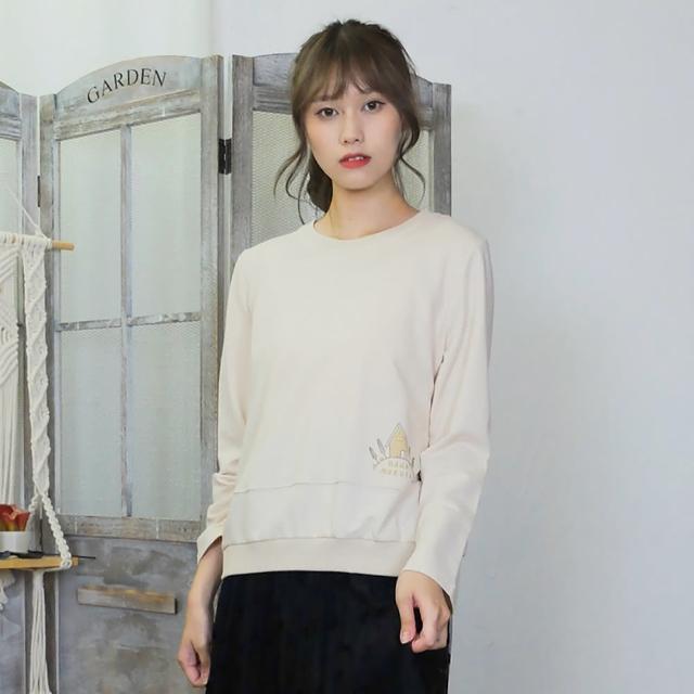 【Hana Mokuba】花木馬日系女裝趣味印繡花羅文收口休閒長袖T恤(T恤)