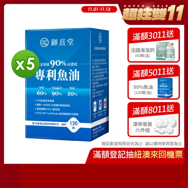 御熹堂 黃金頂級 90%高濃度專利魚油5入組(一入120顆、醫師推薦、高單位Omega-3、rTG好吸收)