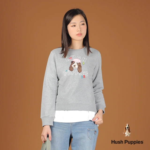 Hush Puppies 女裝 上衣 精緻Q版刺繡棒球狗大學T(麻灰 / 44210104)