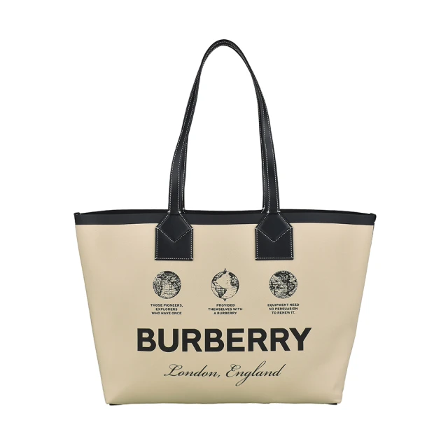 BURBERRY 巴寶莉 BURBERRY London LOGO開口式地球儀圖案織布拼滾邊牛皮手提肩背子母托特包(米)