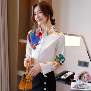 【Very Buy 非常勸敗】白色真絲襯衫女士長袖秋季秋裝歐美復古印花職業上衣