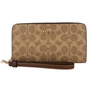 【COACH】金馬車防刮LOGO皮革拉鍊掛帶長夾(深卡其x棕)
