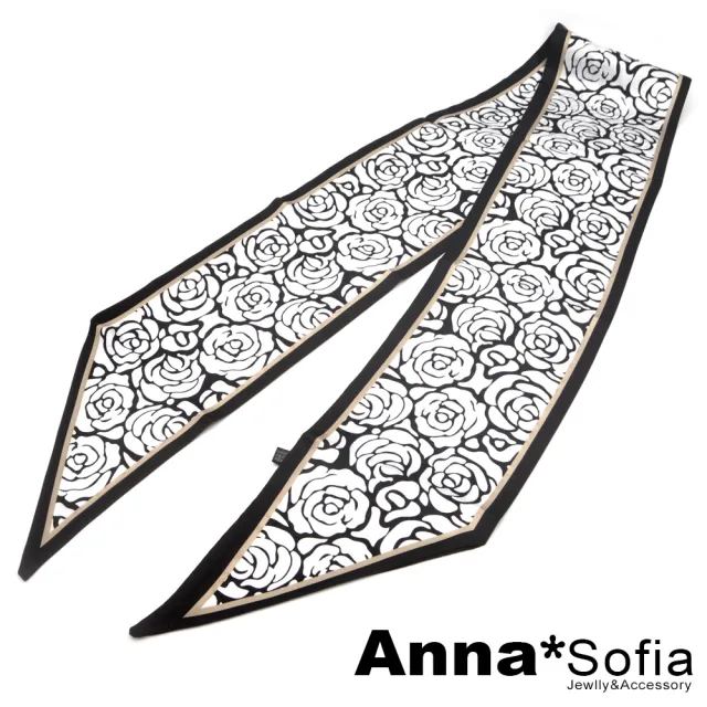 【AnnaSofia】仿絲領巾絲巾圍巾-茶花墨印斜角 窄版緞面 現貨(黑系)