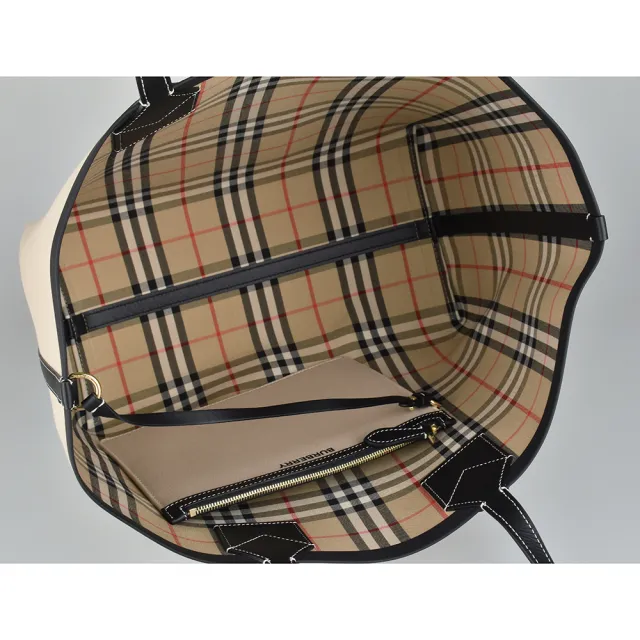 【BURBERRY 巴寶莉】BURBERRY London LOGO開口式地球儀圖案織布拼滾邊牛皮手提肩背子母托特包(米)