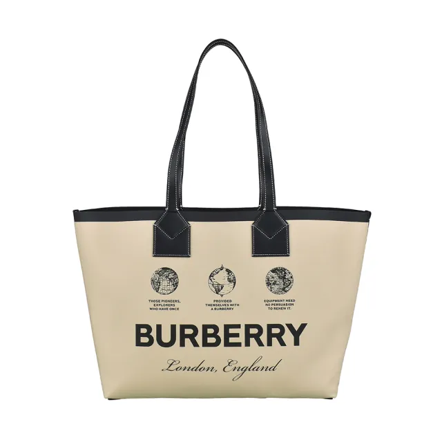 【BURBERRY 巴寶莉】BURBERRY London LOGO開口式地球儀圖案織布拼滾邊牛皮手提肩背子母托特包(米)