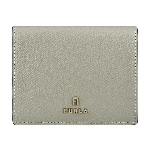 【FURLA 芙拉】FURLA CAMELIA拱門LOGO釦式4卡荔枝紋牛皮對折短夾(大理石灰)