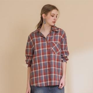 【YUTZUYA 優姿雅】美式懷舊復古紅格紋口袋寬版襯衫(長袖上衣/柔軟不易皺/透氣含棉/真口袋/開襟排釦)