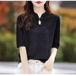 【Very Buy 非常勸敗】預購/中國風盤釦精仿羊毛上衣女寬鬆顯瘦純色針織短袖立領勾花復古T☆