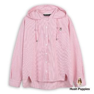 【Hush Puppies】女裝 襯衫 寬鬆直條紋休閒連帽襯衫(紅色 / 44212106)