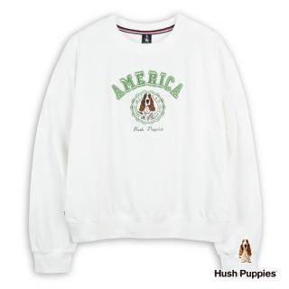【Hush Puppies】女裝 T恤 經典立體品牌英文刺繡圖騰狗寬版長袖T恤(米白 / 44211105)