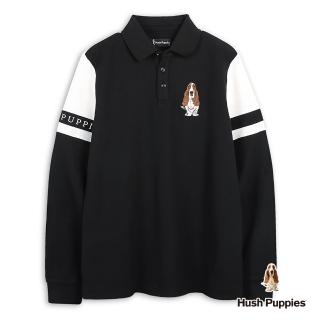 【Hush Puppies】男裝 POLO衫 經典配色剪接刺繡狗長袖POLO衫(黑色 / 44101104)