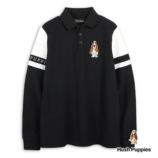 【Hush Puppies】男裝 POLO衫 經典配色剪接刺繡狗長袖POLO衫(黑色 / 44101104)