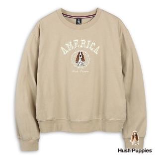 【Hush Puppies】女裝 T恤 經典立體品牌英文刺繡圖騰狗寬版長袖T恤(卡其色 / 44211105)