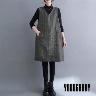 【YOUNGBABY】V領口袋毛呢人字紋背心洋裝 中大尺碼女裝