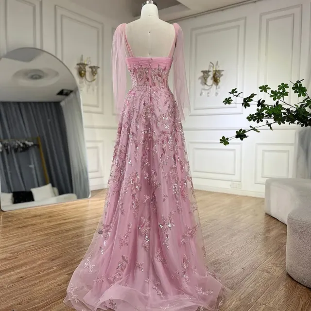 【女神婚紗禮服】輕奢優雅女伶飄紗肩帶串珠雕花A字晚禮服LA72520仙女粉(婚宴派對晚會 拉鍊款晚禮服)