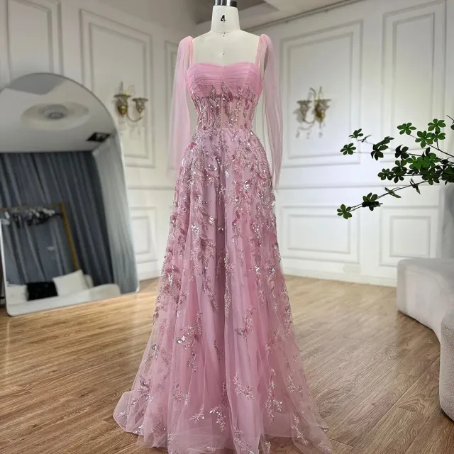 【女神婚紗禮服】輕奢優雅女伶飄紗肩帶串珠雕花A字晚禮服LA72520仙女粉(婚宴派對晚會 拉鍊款晚禮服)