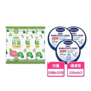 【Baan 貝恩】潔膚抗菌柔濕巾30抽20包+貝臣 萬用護膚膏150ml*3