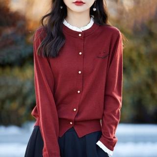 【Very Buy 非常勸敗】預購/精紡羊毛荷葉邊領針織開衫女圓領笑臉寬鬆毛衣外套顯瘦時尚百搭上衣