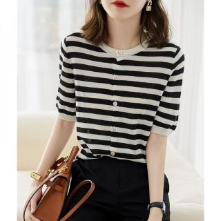 【Very Buy 非常勸敗】預購/時尚歐美薄款條紋冰絲短袖開衫女夏季寬鬆顯瘦圓領短袖針織衫上衣