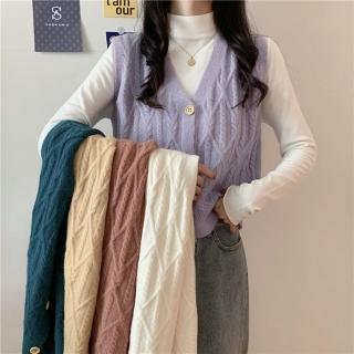 【D.studio】韓版V領單排扣針織背心(毛衣 背心外套 女裝 衣服 長袖t恤 保暖上衣 秋冬女裝 發熱衣 J359)