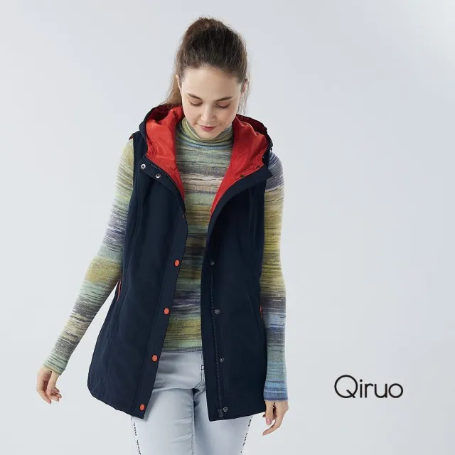 【Qiruo 奇若名品】保暖長版連帽背心6204D 深藍色-鈕扣式