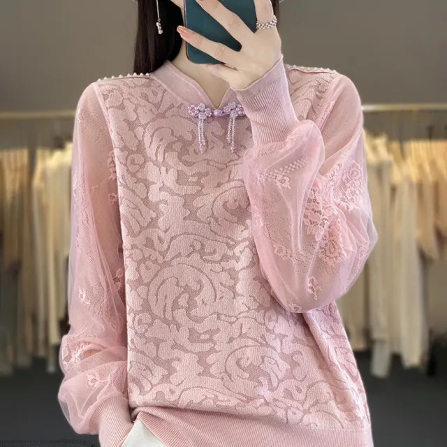 【Very Buy 非常勸敗】預購/新中式蕾絲旗袍領國風精紡羊毛女士套頭立領歐美內搭上衣