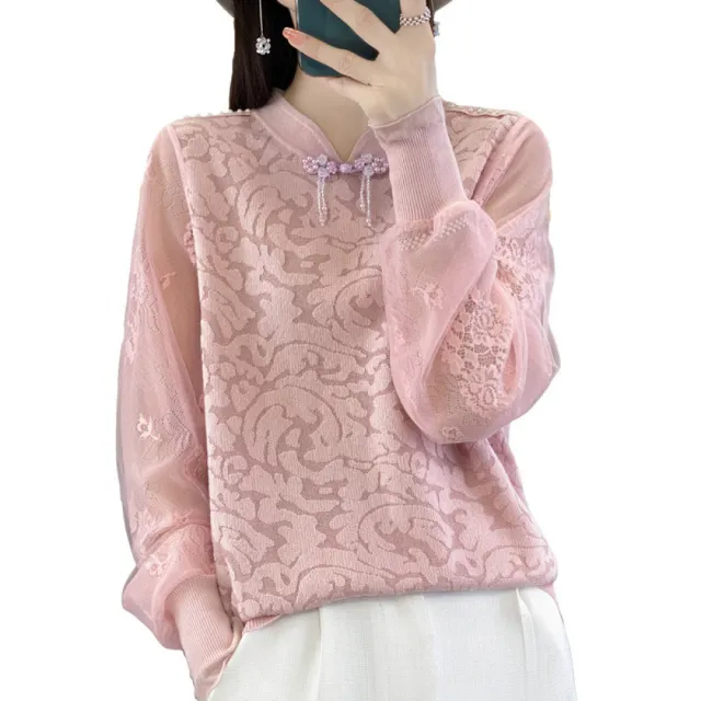 【Very Buy 非常勸敗】預購/新中式蕾絲旗袍領國風精紡羊毛女士套頭立領歐美內搭上衣