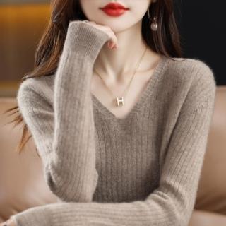 【Very Buy 非常勸敗】預購/春季直條內搭上衣女針織毛衣V領套頭長袖純色薄款內搭毛衫