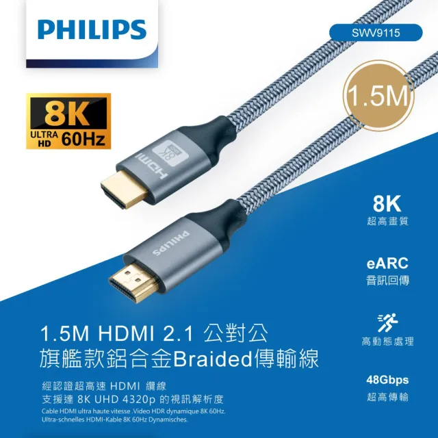 【Philips 飛利浦】1.5M HDMI 2.1 公對公 旗艦款鋁合金Braided傳輸線8K@60 / 48Gbps-SWV9115