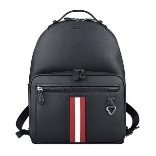 【BALLY】BALLY MAVRICK銀字LOGO拉鍊紅白紅條紋設計牛皮後揹包(黑x紅白條紋)
