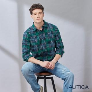 【NAUTICA】男裝 經典舒適格紋長袖襯衫(綠色)