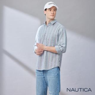 【NAUTICA】男裝 低調質感條紋長袖襯衫(藍色)