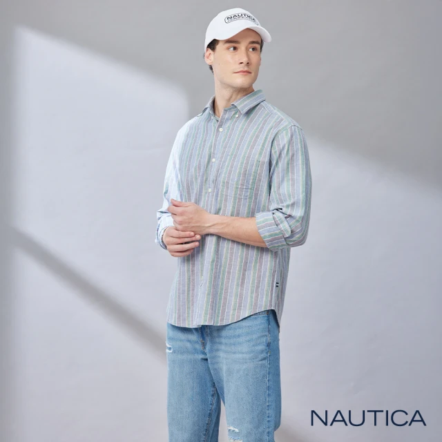 NAUTICA 男裝 低調質感條紋長袖襯衫(藍色)