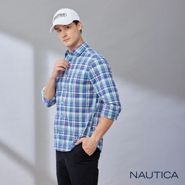 NAUTICA 男裝 藍紫格紋休閒長袖襯衫(藍色)