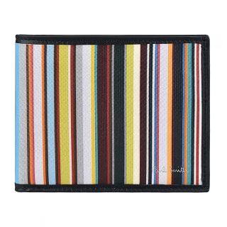 【Paul Smith】PAUL SMITH 燙銀LOGO 4卡條紋設計小牛皮搭小羊皮短夾(黑x彩色條紋)