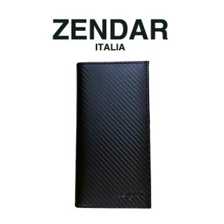 【ZENDAR】頂級小牛皮碳纖維紋18卡對開長夾 巴雷特系列(黑色 送禮盒提袋)