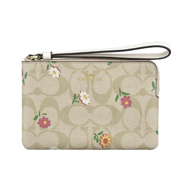 【COACH】COACH LOGO拉鍊小花C字PVC手拿包(淺卡其x多色)