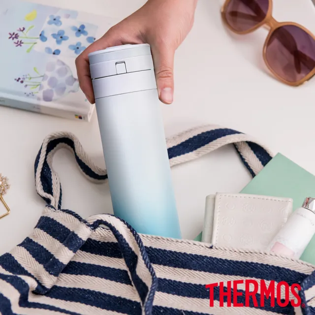 【THERMOS膳魔師】買1送1_漸層不鏽鋼超輕量自動上鎖真空保溫瓶450ml 共2入(JNS-453)